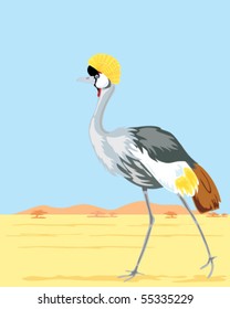 vector illustration of a gray crowned crane balearica regulorum gibbericeps walking across an arid plain under a blue sky