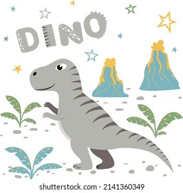 Vector illustration with gray dinosaur, stars, text, volcanoes and plants. Children's card in flat style.