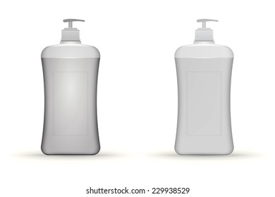 Vector illustration of gray dispenser pump bottles mock up. Two gray pump dispenser bottles of liquid soap, foam or gel. Isolated vector mock-up illustration on white background.