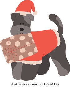 Vector illustration of a gray dog wearing a Santa costume and holding a gift in its mouth