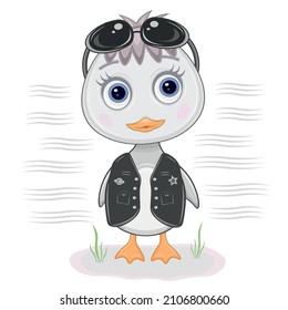 Vector illustration of a gray duckling with glasses, a chicken. Isolated on a white background.