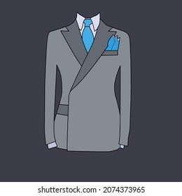 Vector illustration of a gray fashion men's formal dress with a blue tie.