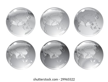 Vector Illustration of gray globe icons with different continents.