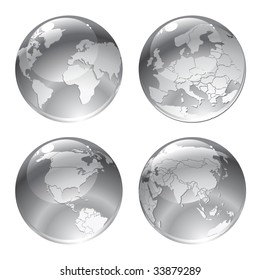 Vector Illustration of gray globe icons with different continents.