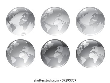 Vector Illustration of gray globe icons with different continents.