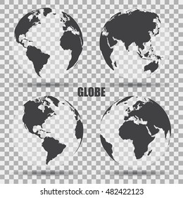 Vector Illustration of gray globe icons with different continents. Transparent background. Realistic shadow. Maps of different countries