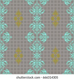 Vector illustration. Gray, green and orange shiny ornament, damask seamless pattern, abstract shapes.