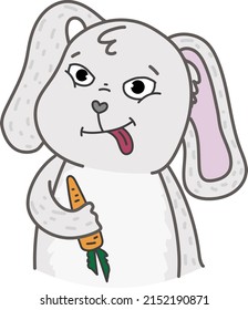 Vector illustration with gray grimacing bunny. Happy easter day