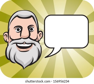 Vector illustration of gray haired bearded face with speech bubble. Easy-edit layered vector EPS10 file scalable to any size without quality loss. High resolution raster JPG file is included.