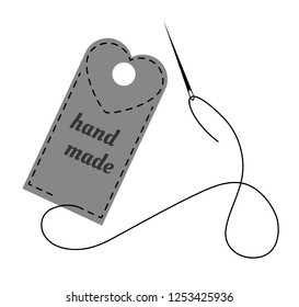 Vector illustration of gray hand made label decorated with stitch made by black thread and needle on white background