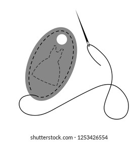 Vector illustration of gray hand made label decorated with stitch made by black thread and needle on white background