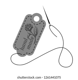 Vector illustration of gray hand made label decorated with stitch made by black thread and needle on white background