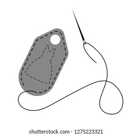 Vector illustration of gray hand made label decorated with stitch made by black thread and needle on white background