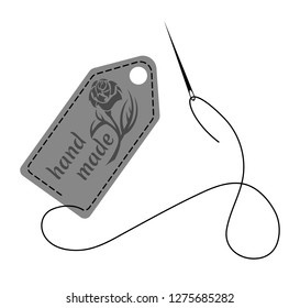 Vector illustration of gray hand made label decorated with stitch made by black thread and needle on white background