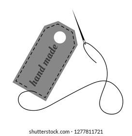 Vector illustration of gray hand made label decorated with stitch made by black thread and needle on white background
