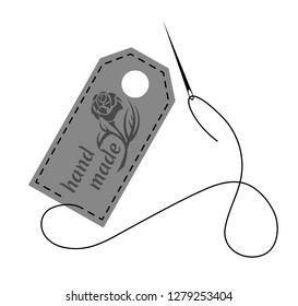 Vector illustration of gray hand made label decorated with stitch made by black thread and needle on white background