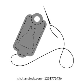 Vector illustration of gray hand made label decorated with stitch made by black thread and needle on white background