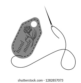 Vector illustration of gray hand made label decorated with stitch made by black thread and needle on white background