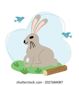 Vector illustration with a gray hare and a rabbit on a background of sky and grass in flat style.
