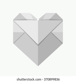 Vector illustration: gray heart origami model with love letter for Valentine's Day decoration isolated on white background