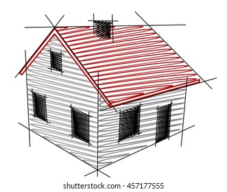Vector illustration. Gray house with red roof