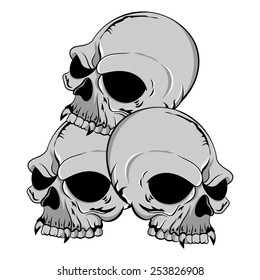 Vector Illustration of gray human skulls with vampire teeth piled up in a group of three.