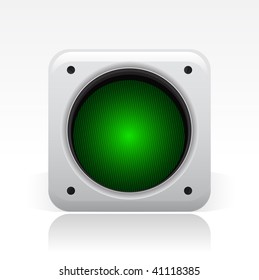 Vector illustration of a gray icon isolated in a modern style with a reflection effect depicting a green traffic light