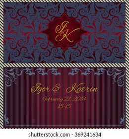 Vector illustration of a gray lace pattern or Baroque, Victorian style. 
Luxury design with space for text. 
For wedding invitations, greeting cards.  Volume drapery,