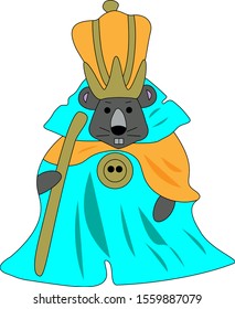 vector illustration of a gray mouse in a blue robe and a gold crown