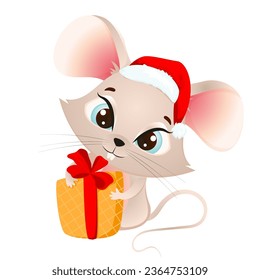 Vector illustration of a gray mouse holding a big gift with a red bow, isolated on a white background. Festive bear in Santa hat holding his gift, Christmas card