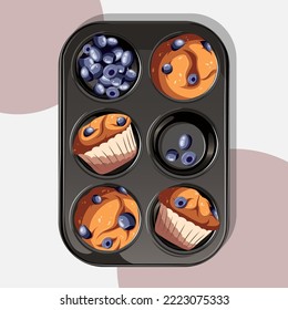 Ilustración vectorial del moho de muffin gris con muffinos de arándanos y arándanos. Aislado en un fondo blanco rosado. Elemento de Clipart, panaderías, café, concepto de afiches. Vista desde arriba.