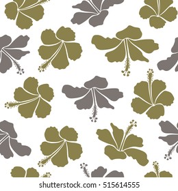 Vector illustration in gray and neutral colors on a white background. Seamless tropical flower, hibiscus pattern.