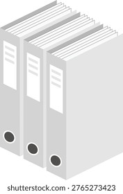 Vector illustration of gray office binders or ring folders neatly arranged in a row. Ideal for use in corporate materials, office concepts, data management visuals, and productivity themes.