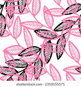 A Vector Illustration of gray and pink doodle leaves isolated on a white background, Seamless diagonal pattern