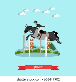 Vector illustration of gray race horse and man jockey in special clothing jumping over barrier. Jumps concept design element in flat style.