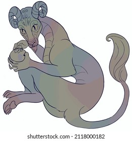 Vector illustration with a gray rainbow dragon holding a ball