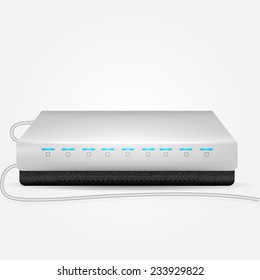 Vector illustration of gray router. Gray Wi-Fi modem with blue indicators and two connection wire. Isolated vector illustration on white background.