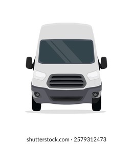 Vector illustration of gray, silver or white van. Mini van front view, side view, land vehicle. Panel van vector template for car branding and advertising. Isolated truck on white background.