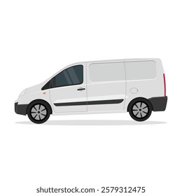 Vector illustration of gray, silver or white van. Mini van front view, side view, land vehicle. Panel van vector template for car branding and advertising. Isolated truck on white background.