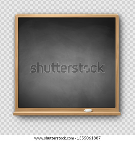 Vector illustration of gray square chalkboard with wooden frame with piece of chalk and shadow isolated on transparency background.