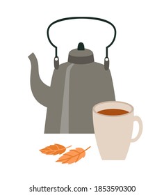 Ilustración vectorial de la tetera gris y una taza de té aislada sobre fondo blanco. El té dibujado a mano está decorado en colores tranquilos. Ilustración de moda para diseño web e impreso.