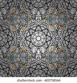 Vector illustration. Gray template. Royal retro on blue background. Floral classic texture. Design vintage for card, wallpaper, wrapping, textile. Seamless pattern white elements.