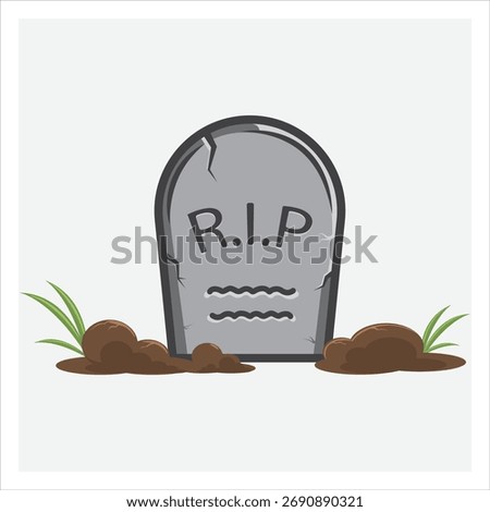 Vector illustration gray tombstone with cracks, engraved text “R.I.P.” , Simple Cartoon style