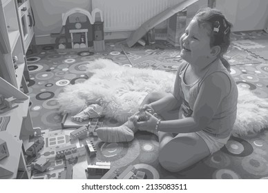 Ilustración vectorial en tonos grises. Niña pequeña en una habitación de niños jugando con juguetes. Feliz y alegre mientras juega.