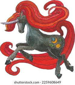 vector illustration of a gray unicorn with a red mane