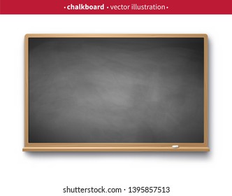 Vector illustration of gray vintage chalkboard with wooden frame with piece of chalk and shadow isolated on white background.