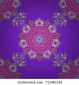 Vector illustration. In gray, violet and orange colors. Ikat damask seamless pattern background tile.