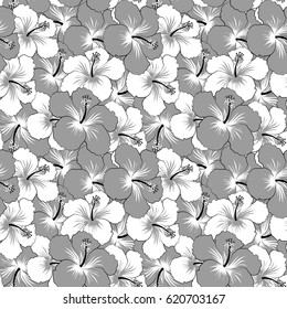 Vector illustration of gray and white hibiscus flowers. Seamless pattern with gray and white flowers. Vector illustration.