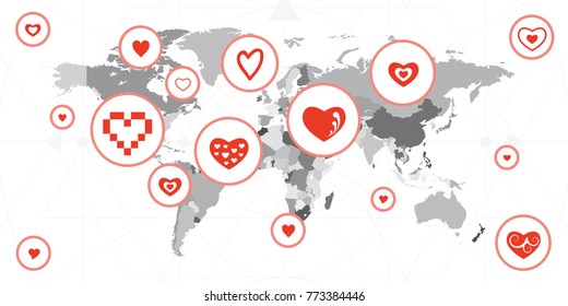 vector illustration of gray world map and circles chart with red hearts for romantic relationship background