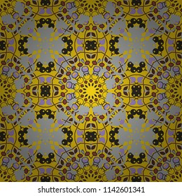 Vector illustration. Gray, yellow and brown ethnic geometric motif seamless pattern on colorful abstract background.